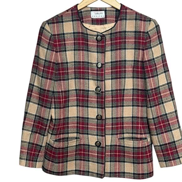 Talbots Women's Red Tan Tartan Plaid Worsted Wool Button Up Blazer Jacket Sz 6P - Picture 1 of 10
